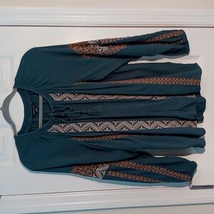 American Eagle Women's Top Long Sleeve Embroidered Dusty Blue/Cream Size Large